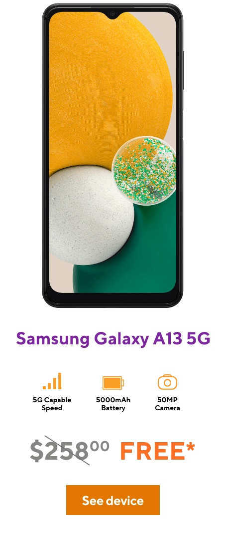 Front view of the Samsung Galaxy A13 5G showing off its impressive screen.