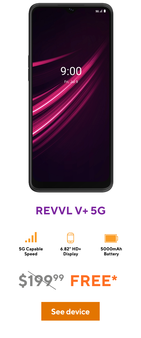 Front view of the REVVL V+ 5G showing off its impressive screen.