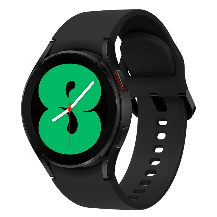 The Samsung Galaxy Watch 4 in black showing 8:00 p.m. on the watch face.