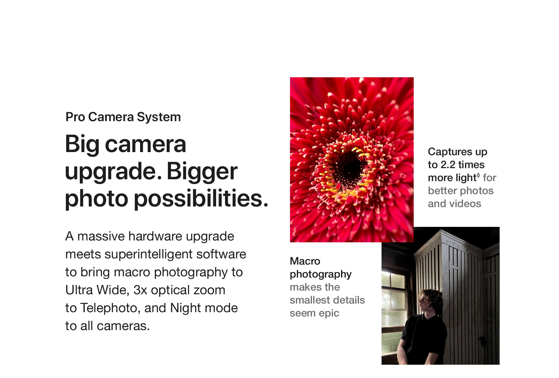 Pro Camera System. Big camera upgrade. Bigger photo possibilities. A massive hardware upgrade meets superintelligent software to bring macro photography to Ultra Wide, 3x optical zoom to Telephoto, and Night mode to all cameras.