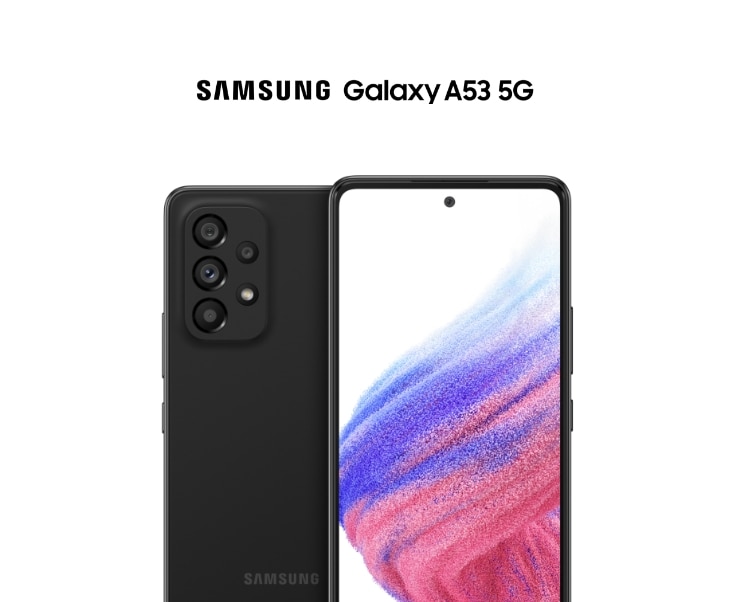Front and back view of the Samsung A53 5G showing off its impressive screen and cameras.